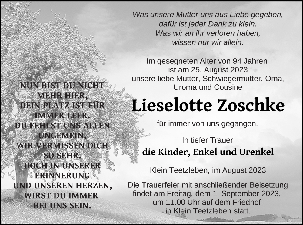  Traueranzeige für Lieselotte Zoschke vom 29.08.2023 aus Neubrandenburger Zeitung