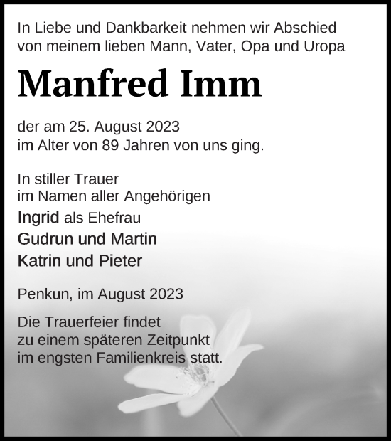 Traueranzeige von Manfred Imm von Pasewalker Zeitung