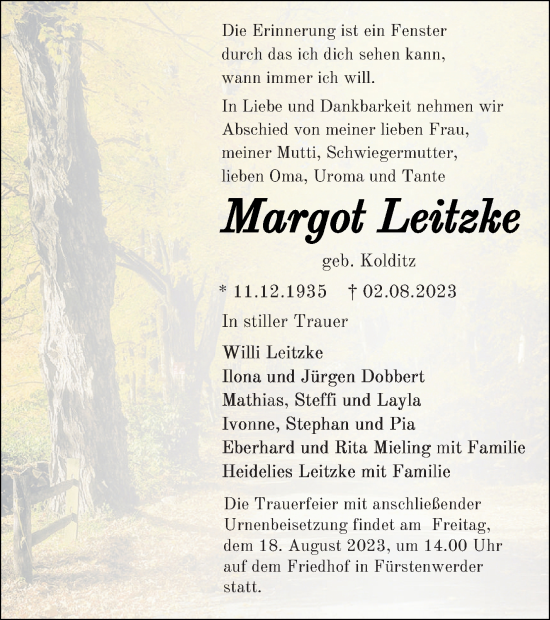 Traueranzeige von Margot Leitzke von Prenzlauer Zeitung