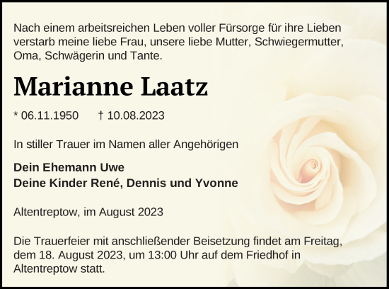 Traueranzeige von Marianne Laatz von Neubrandenburger Zeitung