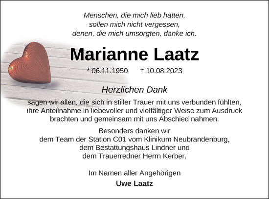 Traueranzeige von Marianne Laatz von Neubrandenburger Zeitung