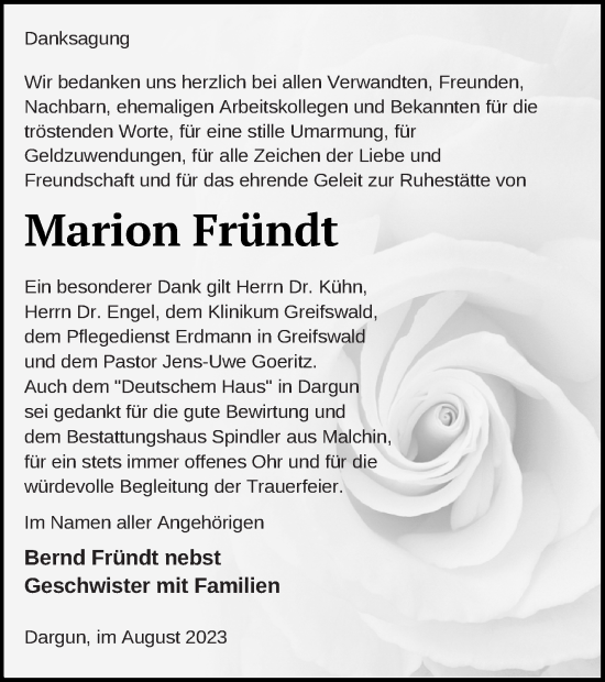 Traueranzeige von Marion Fründt von Mecklenburger Schweiz