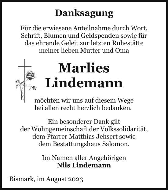 Traueranzeige von Marlies Lindemann von Pasewalker Zeitung