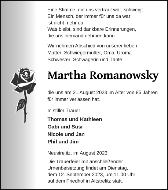 Traueranzeige von Martha Romanowsky von Strelitzer Zeitung