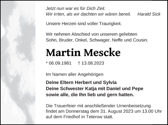 Traueranzeige von Martin Mescke von Mecklenburger Schweiz