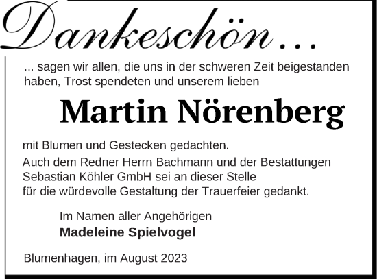 Traueranzeige von Martin Nörenberg von Pasewalker Zeitung