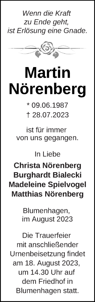  Traueranzeige für Martin Nörenberg vom 04.08.2023 aus Pasewalker Zeitung