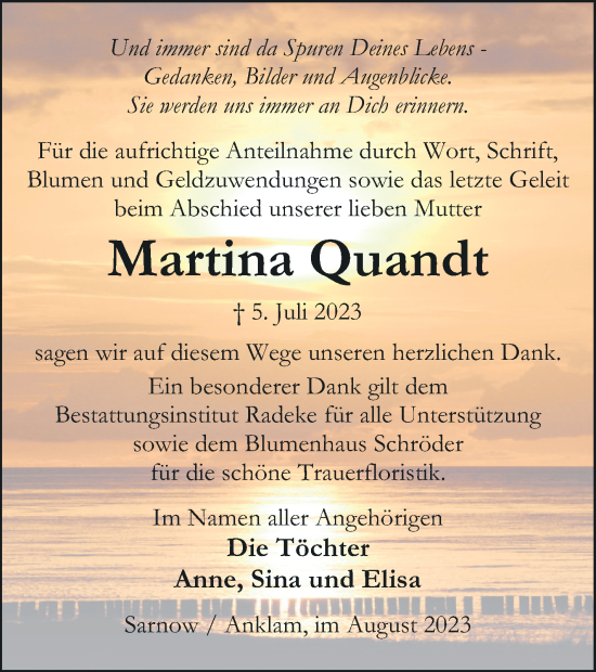 Traueranzeige von Martina Quandt von Vorpommern Kurier