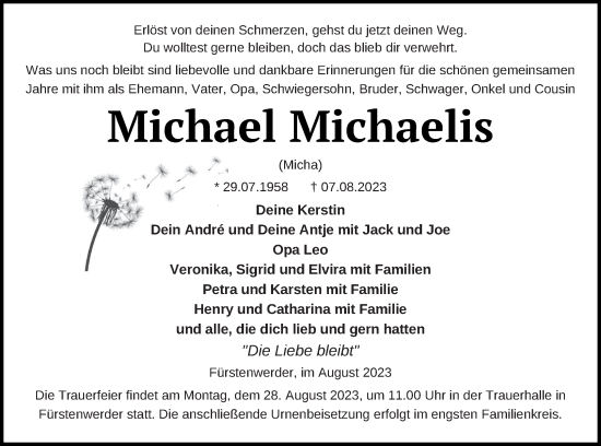 Traueranzeige von Michael Michaelis von Prenzlauer Zeitung