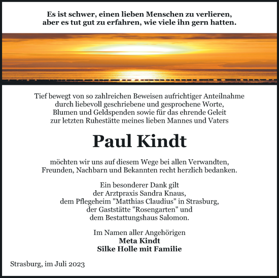 Traueranzeige von Paul Kindt von Pasewalker Zeitung