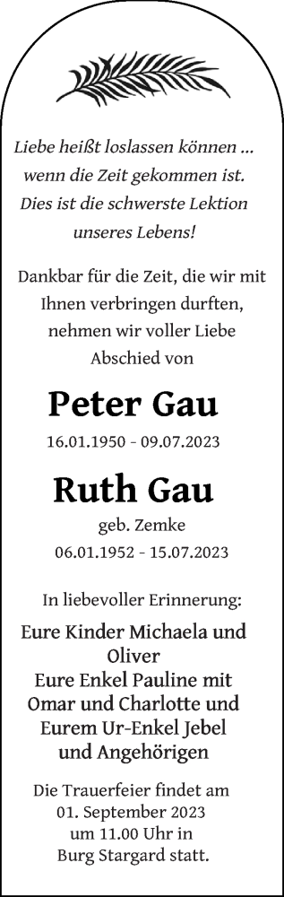 Traueranzeige von Peter Gau von Neubrandenburger Zeitung