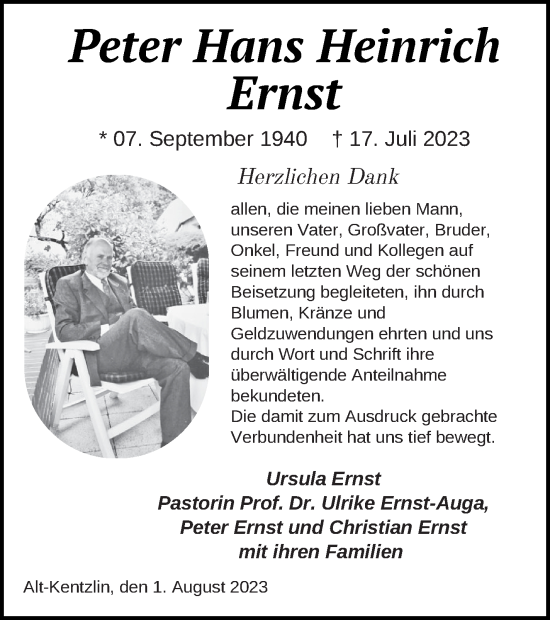 Traueranzeige von Peter Hans Heinrich Ernst von Demminer Zeitung