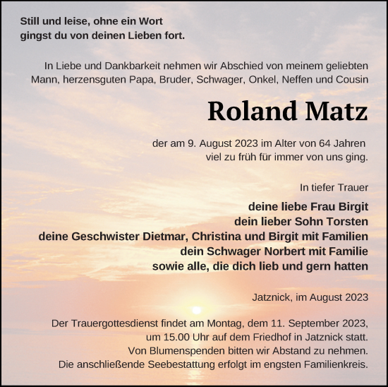 Traueranzeige von Roland Matz von Haff-Zeitung