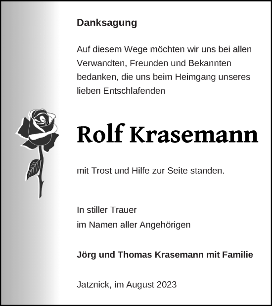 Traueranzeige von Rolf Krasemann von Pasewalker Zeitung