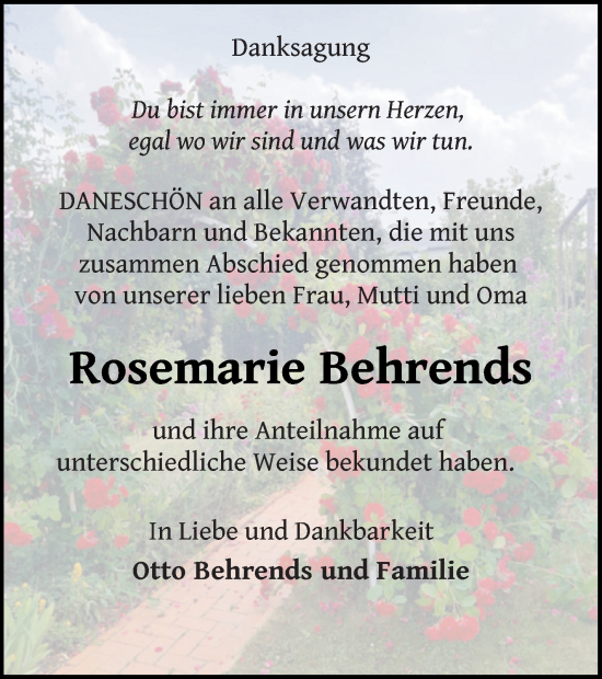 Traueranzeige von Rosemarie Behrends von Mecklenburger Schweiz