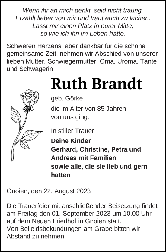 Traueranzeige von Ruth Brandt von Mecklenburger Schweiz