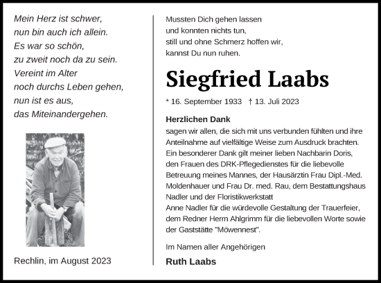 Traueranzeige von Siegfried Laabs von Müritz-Zeitung