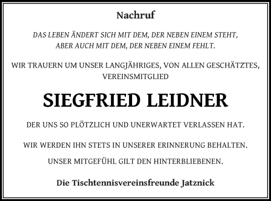 Traueranzeige von Siegfried Leidner von Pasewalker Zeitung