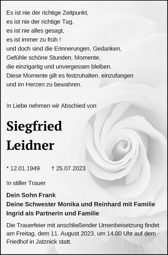 Traueranzeige von Siegfried Leidner von Pasewalker Zeitung