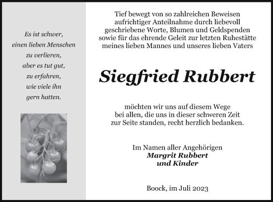 Traueranzeige von Siegfried Rubbert von Pasewalker Zeitung