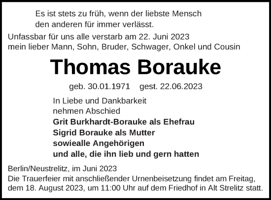 Traueranzeige von Thomas Borauke von Strelitzer Zeitung