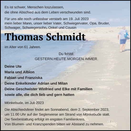 Traueranzeige von Thomas Schmidt von Haff-Zeitung