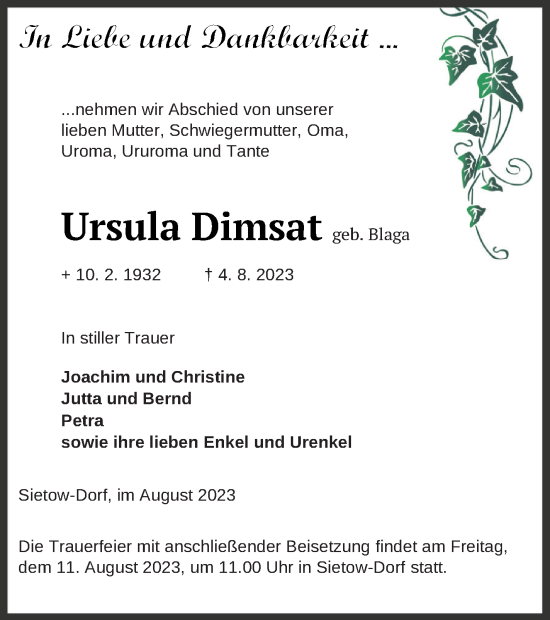 Traueranzeige von Ursula Dimsat von Müritz-Zeitung