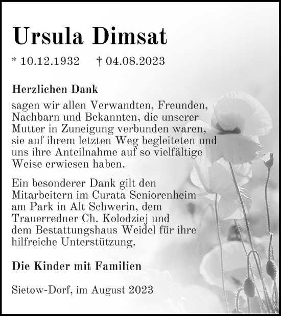 Traueranzeige von Ursula Dimsat von Müritz-Zeitung