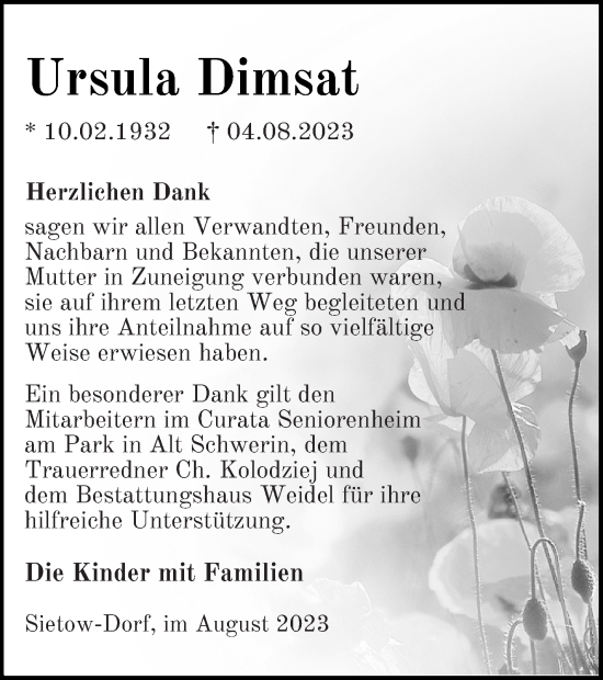 Traueranzeige von Ursula Dimsat von Müritz-Zeitung