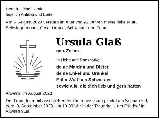 Traueranzeige von Ursula Glaß von Haff-Zeitung