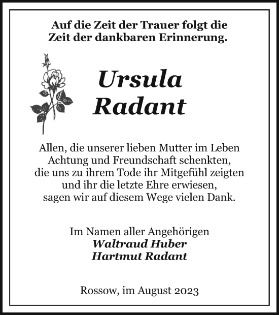 Traueranzeige von Ursula Radant von Pasewalker Zeitung