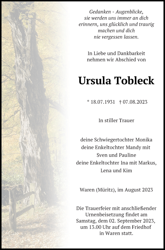 Traueranzeige von Ursula Tobleck von Müritz-Zeitung