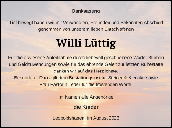 Traueranzeige von Willi Lüttig von Haff-Zeitung