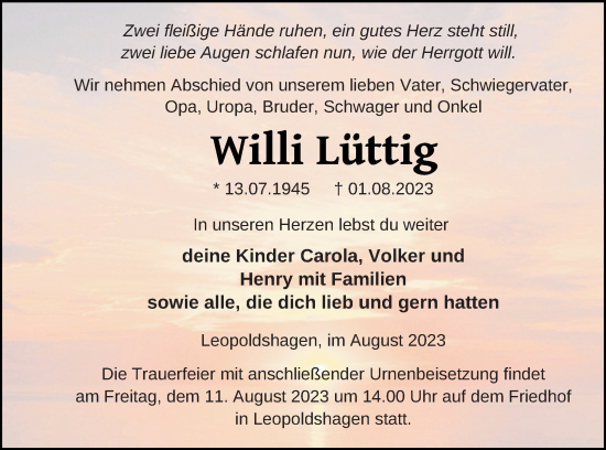 Traueranzeige von Willi Lüttig von Vorpommern Kurier