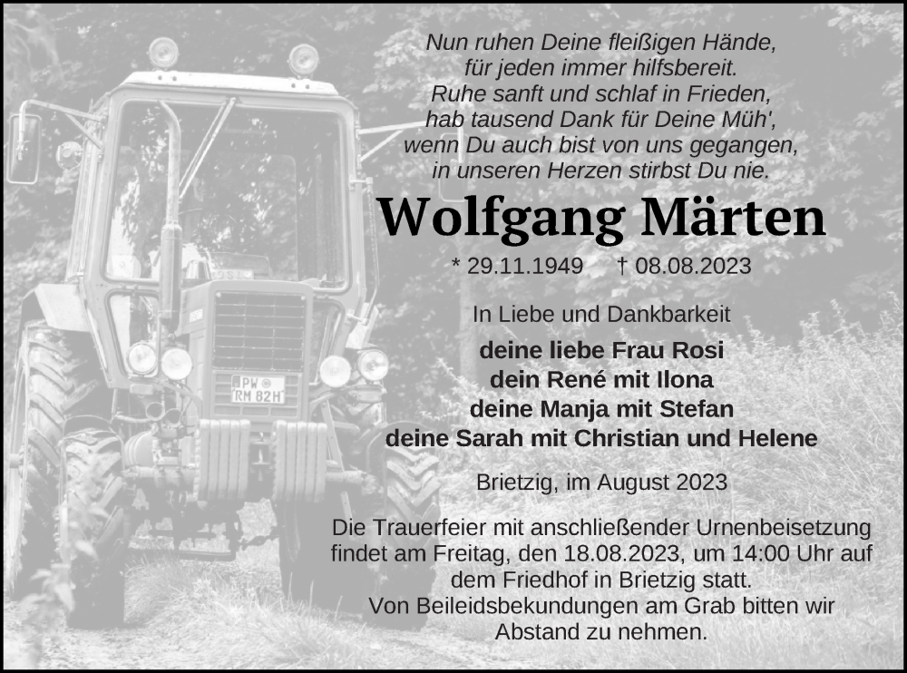  Traueranzeige für Wolfgang Märten vom 15.08.2023 aus Pasewalker Zeitung