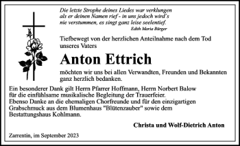 Traueranzeige von Anton Ettrich von Hagenower Kreisblatt