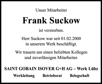 Traueranzeige von Frank Suckow von Parchimer Zeitung