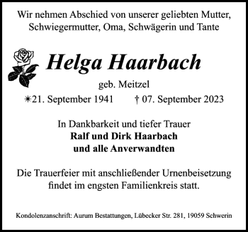 Traueranzeige von Helga Haarbach von Gadebusch-Rehnaer Zeitung