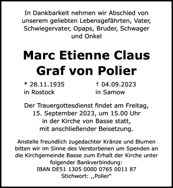 Traueranzeige von Marc Etienne Claus Graf von Polier  von Norddeutsche Neueste Nachrichten