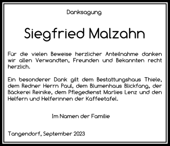 Traueranzeige von Siegfried Malzahn von Der Prignitzer