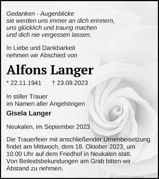 Traueranzeige von Alfons Langer von Mecklenburger Schweiz