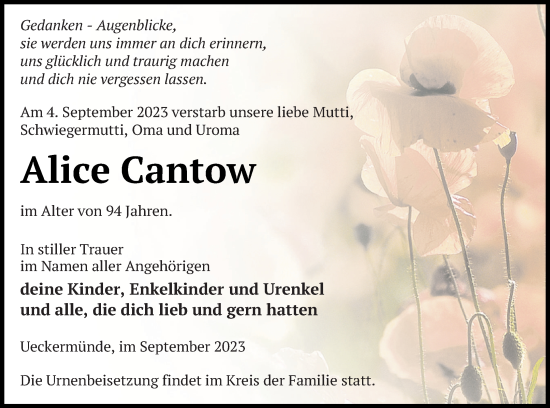 Traueranzeige von Alice Cantow von Haff-Zeitung