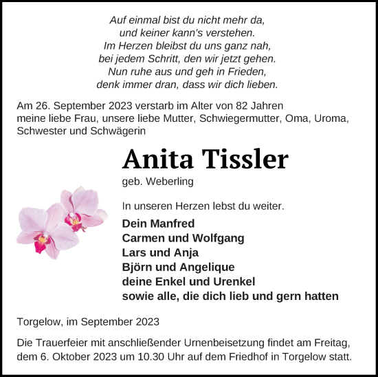 Traueranzeige von Anita Tissler von Haff-Zeitung