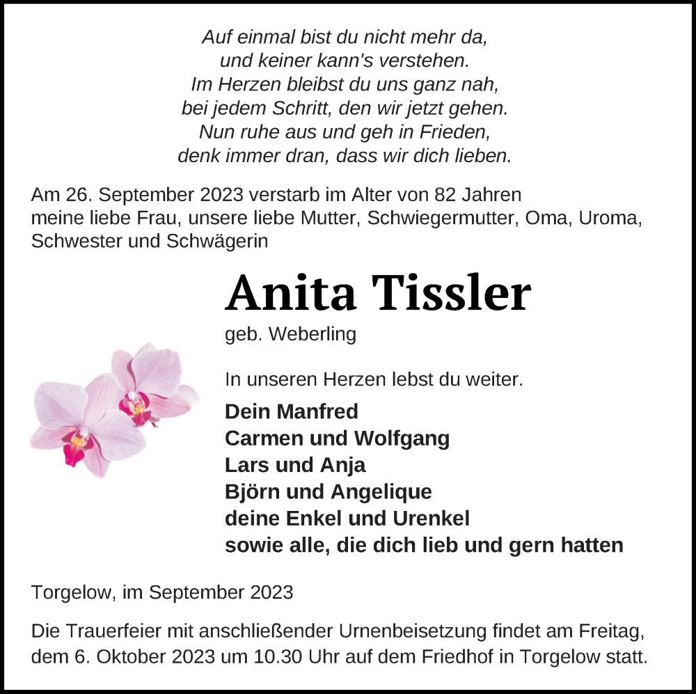  Traueranzeige für Anita Tissler vom 30.09.2023 aus Haff-Zeitung