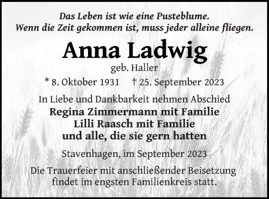 Traueranzeige von Anna Ladwig von Mecklenburger Schweiz