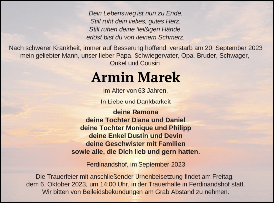 Traueranzeige von Armin Marek von Haff-Zeitung