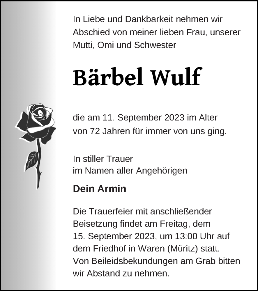  Traueranzeige für Bärbel Wulf vom 13.09.2023 aus Müritz-Zeitung