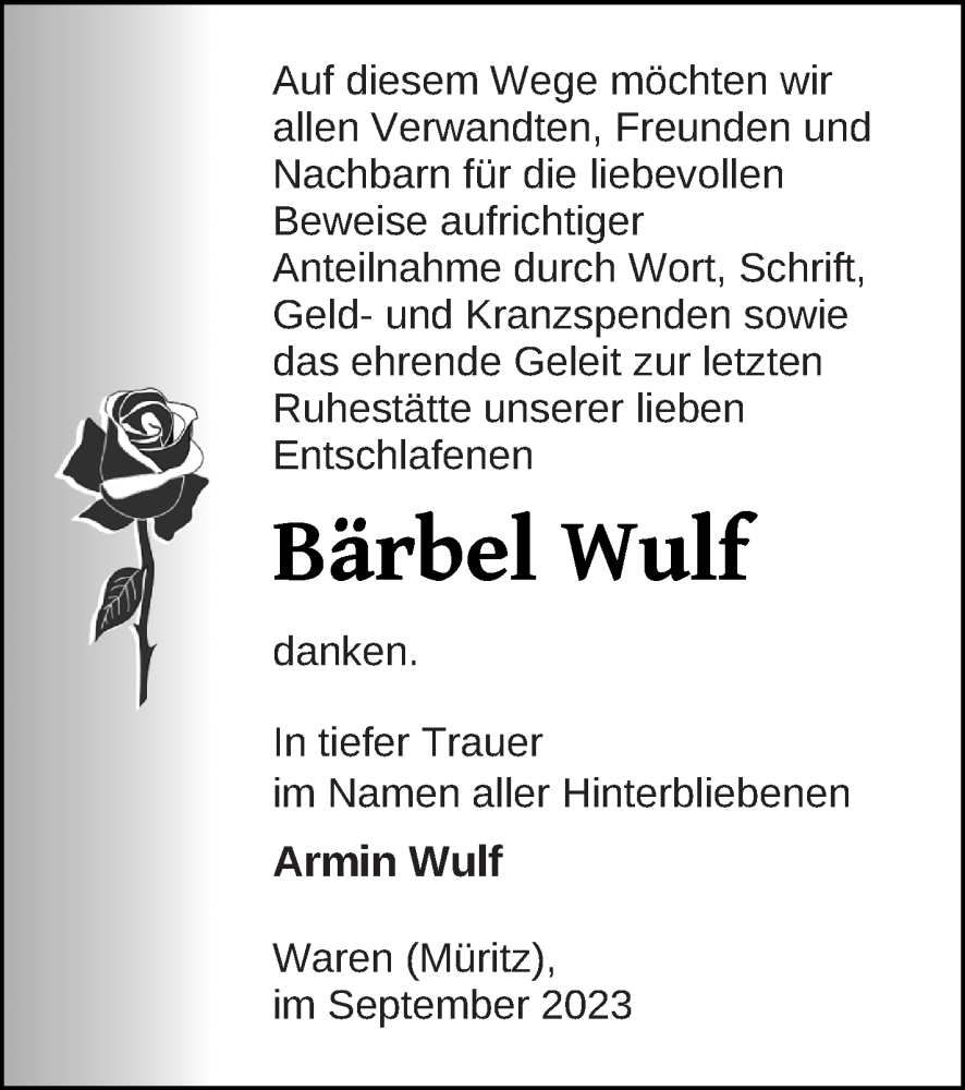  Traueranzeige für Bärbel Wulf vom 23.09.2023 aus Müritz-Zeitung