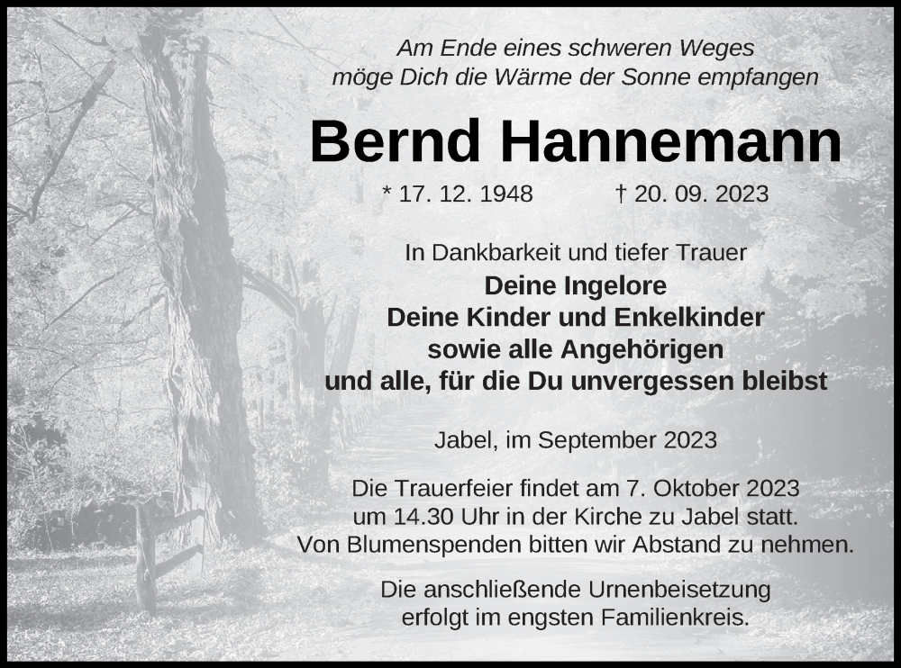  Traueranzeige für Bernd Hannemann vom 30.09.2023 aus Müritz-Zeitung