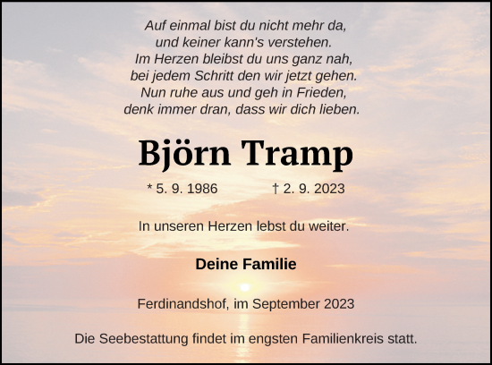 Traueranzeige von Björn Tramp von Haff-Zeitung